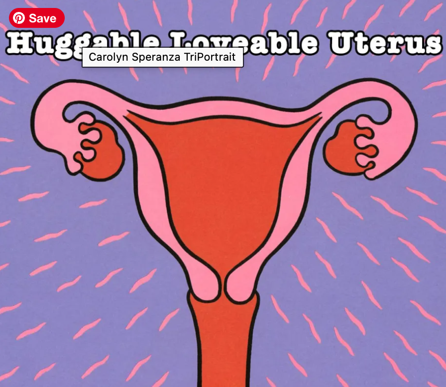 Bold illustrated graphic of a uterus with radiating lines and the text Huggable Loveable Uterus by Carolyn Speranza
